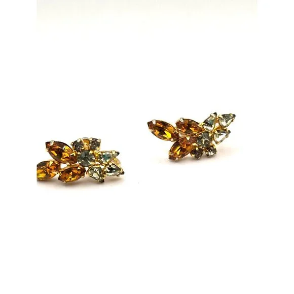 SHERMAN signed Citron and Gold Swarovski Gold Plated Screwback vintage Earrings - Picture 2 of 6